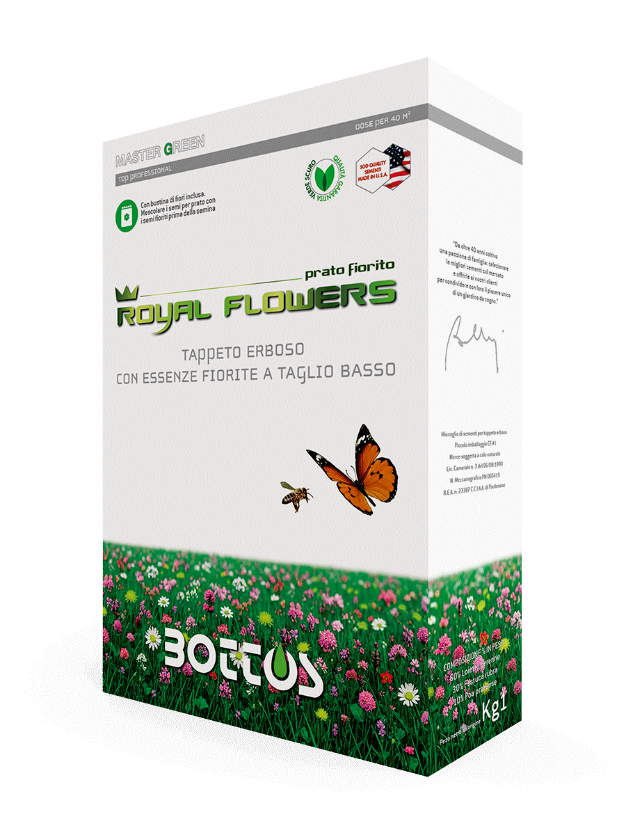 Sementi per prato fiorito Royal Flowers Master Green Bottos, scatola da 1 kg con bustina di fiori